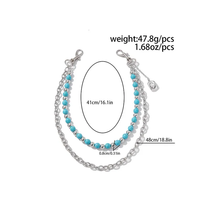 Y2K Trendy Blue Stone Bead Jeans Pants Chain For Men Women Hip Hop Punk Double Layer Keychains Bag Accesories Jewelry