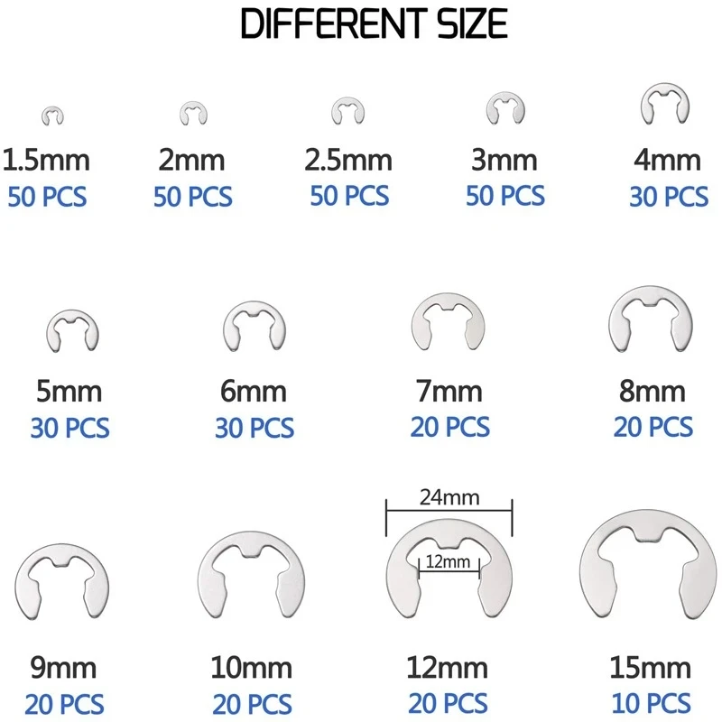 400PCS boxed 304 stainless steel E-type circlip retaining ring E buckle 1.5-15mm combination open clamp ring