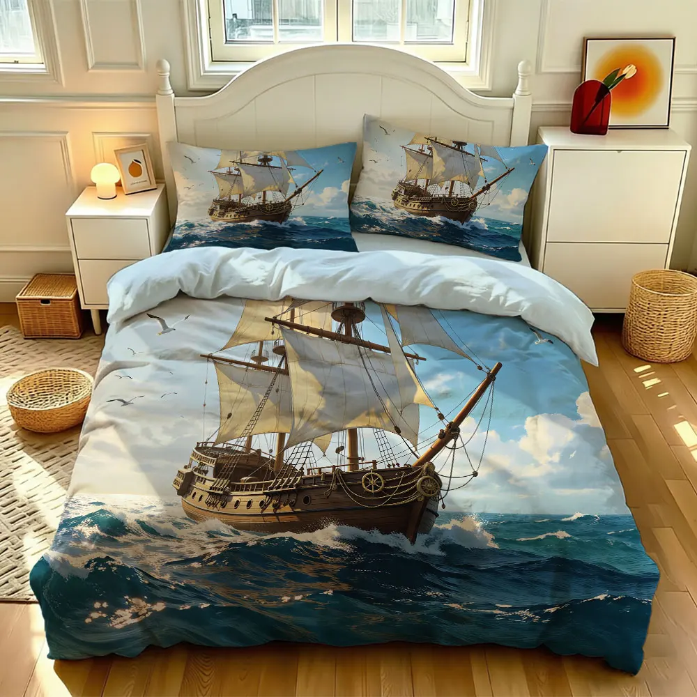 3pcs Ocean Sailboat Printed Coreless Duvet Set, Multi Size Bedroom Bedding Decoration, Machine Washable