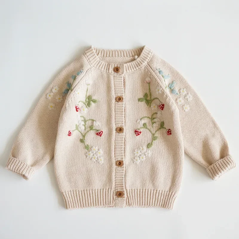 2023 Autumn Kids Sweater Cute Flowers embroidery Girls Knitted Cardigan Baby Girl strawberry Coats