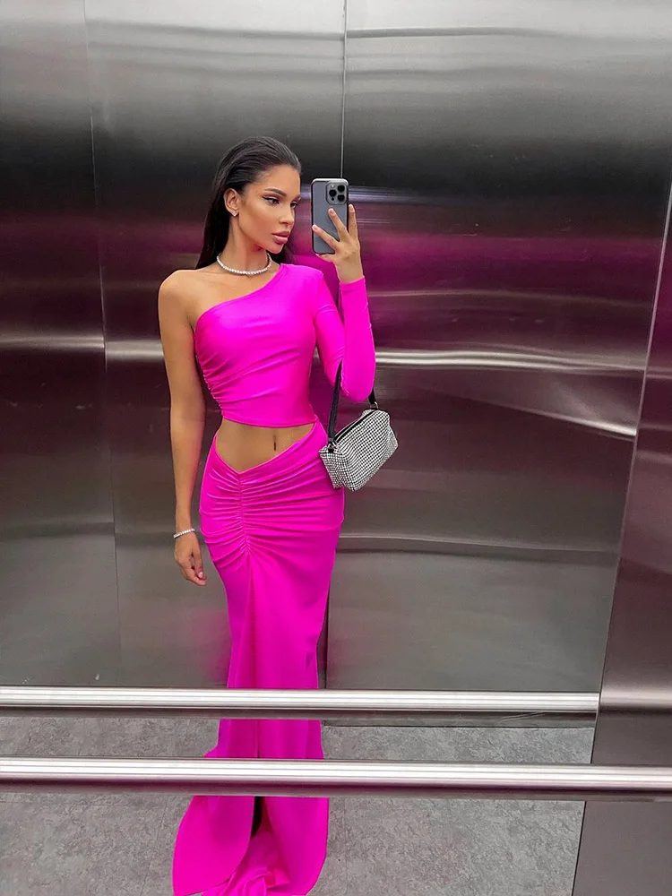 Huhugirl One Shoulder Cut Out Split Ruched Maxi Dresses for Women Elegant Party Gown Female Sexy Birthday Outfits Vestidos Robes