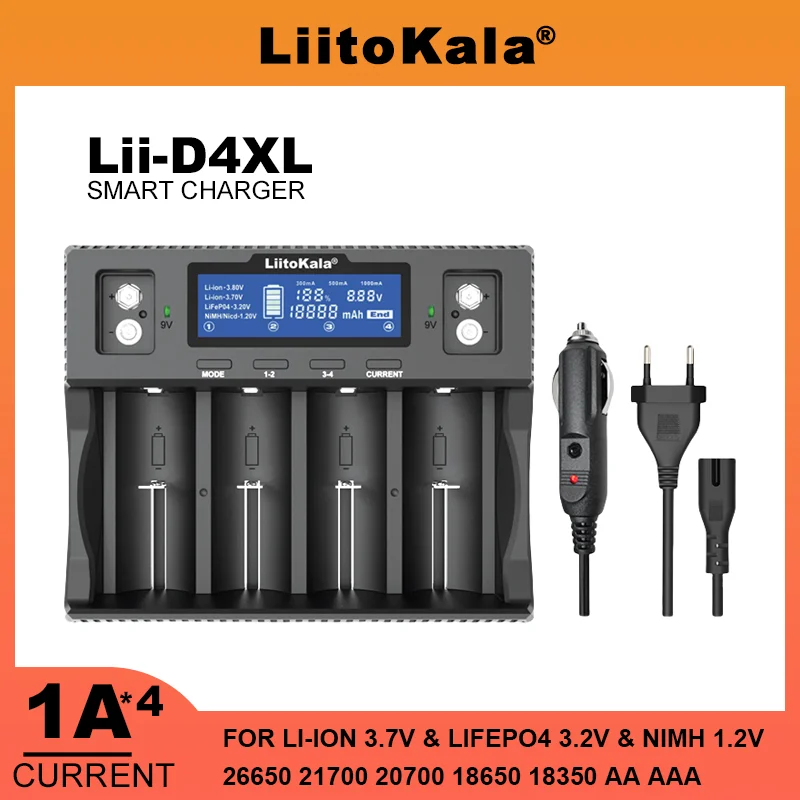 LiitoKala Lii-D4XL 402 M4 21700 18650 3.7V  26650 26700 32700 D AA AAA 9V LCD Display Battery Charger