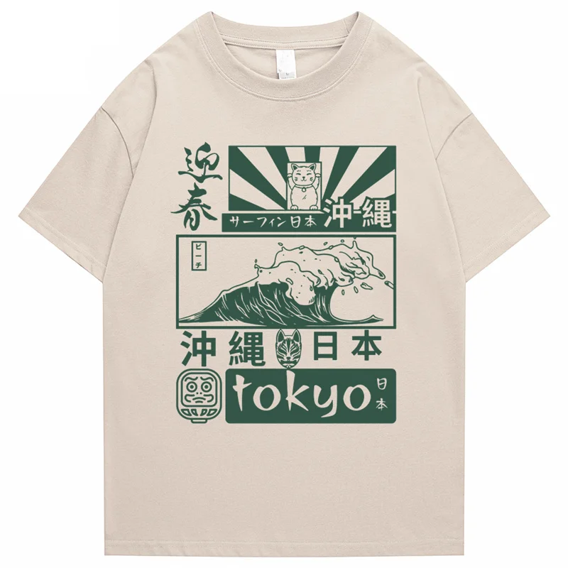 100% Cotton Japanese Retro Tokyo Wave Hip Hop T-shirt 2024 Street Fashion Painting T-shirt Short sleeved Summer Harajuku T-shirt