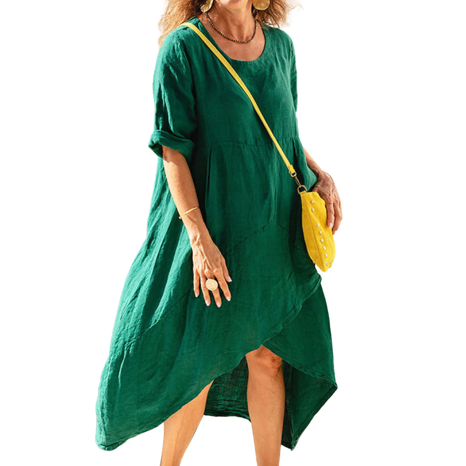 O-Neck Half Sleeve Irregular High-low Hem Casual Dress Solid Color Loose Pullover Midi Dress Female Clothing