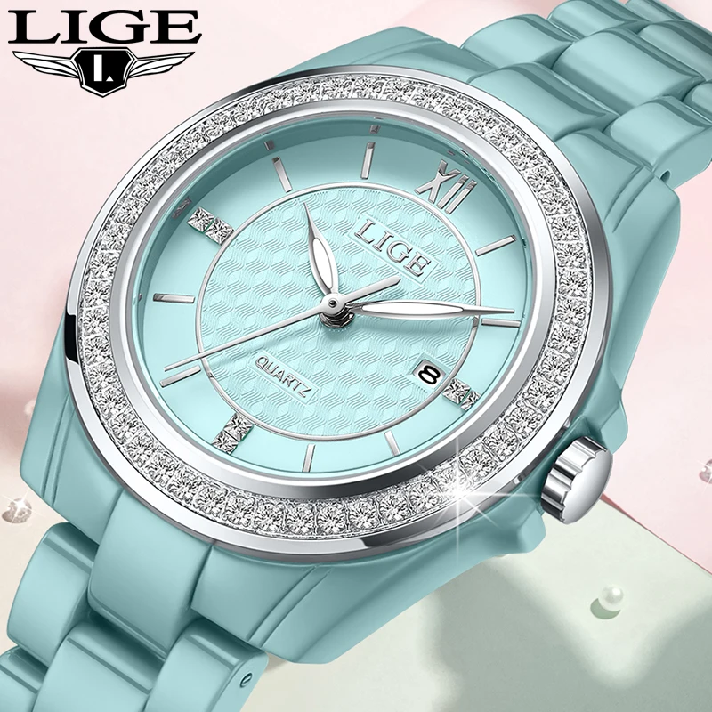 

LIGE New Women Watch Fashion Creative Cyan Ceramic Watch Women Casual Sport Waterproof Watches Quartz Clock Gift Montre Femme