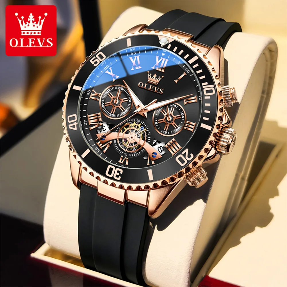 OLEVS Brand Luxury Men Watch Rotating Bezel Chronograph Roman Numerals Waterproof Silicone Band Sports Quartz Male Wrist Watch