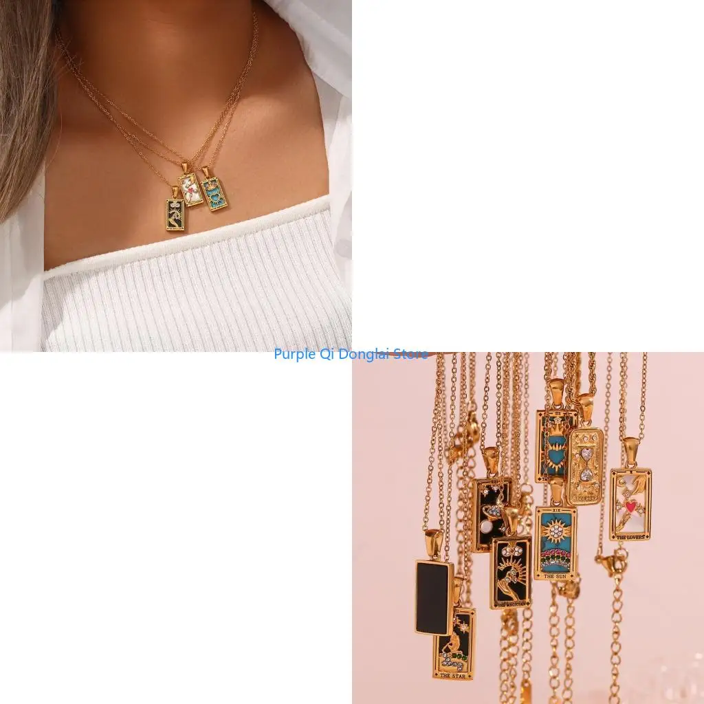 L21E Fashionable Retro Styles Tarot Card Pendant Necklace For Women Featuring Sturdy Stainless Steel Zodiacs Designs