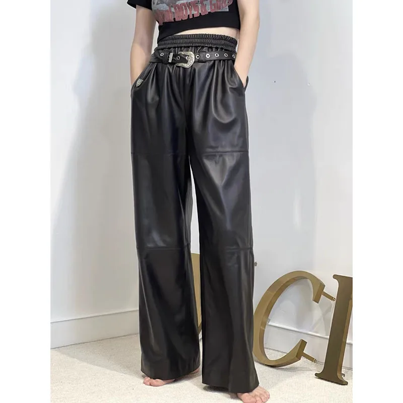 Women's Leather Pants Sheepskin Large Wide Leg Trousers, Floor Length, High Waist, Loose Leather Trousers