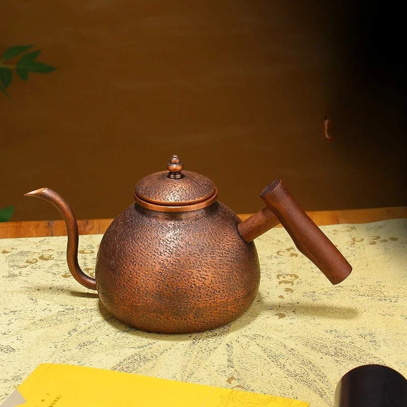 Handcrafted Vintage Copper Coffee Pot Camping Pour-Over Water Copper Kettle Hammer Texture Tea Pot Tableware Gooseneck Teapot