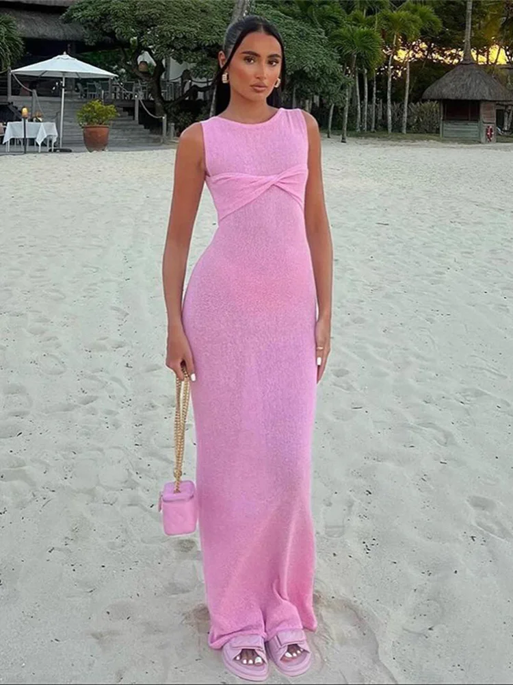 

InGrily Chic Summer Trend Elegant Dress Women Solid Chest Wrap Sleeveless o-Neck Skinny Stretch Long Simple Vacation Vestidos