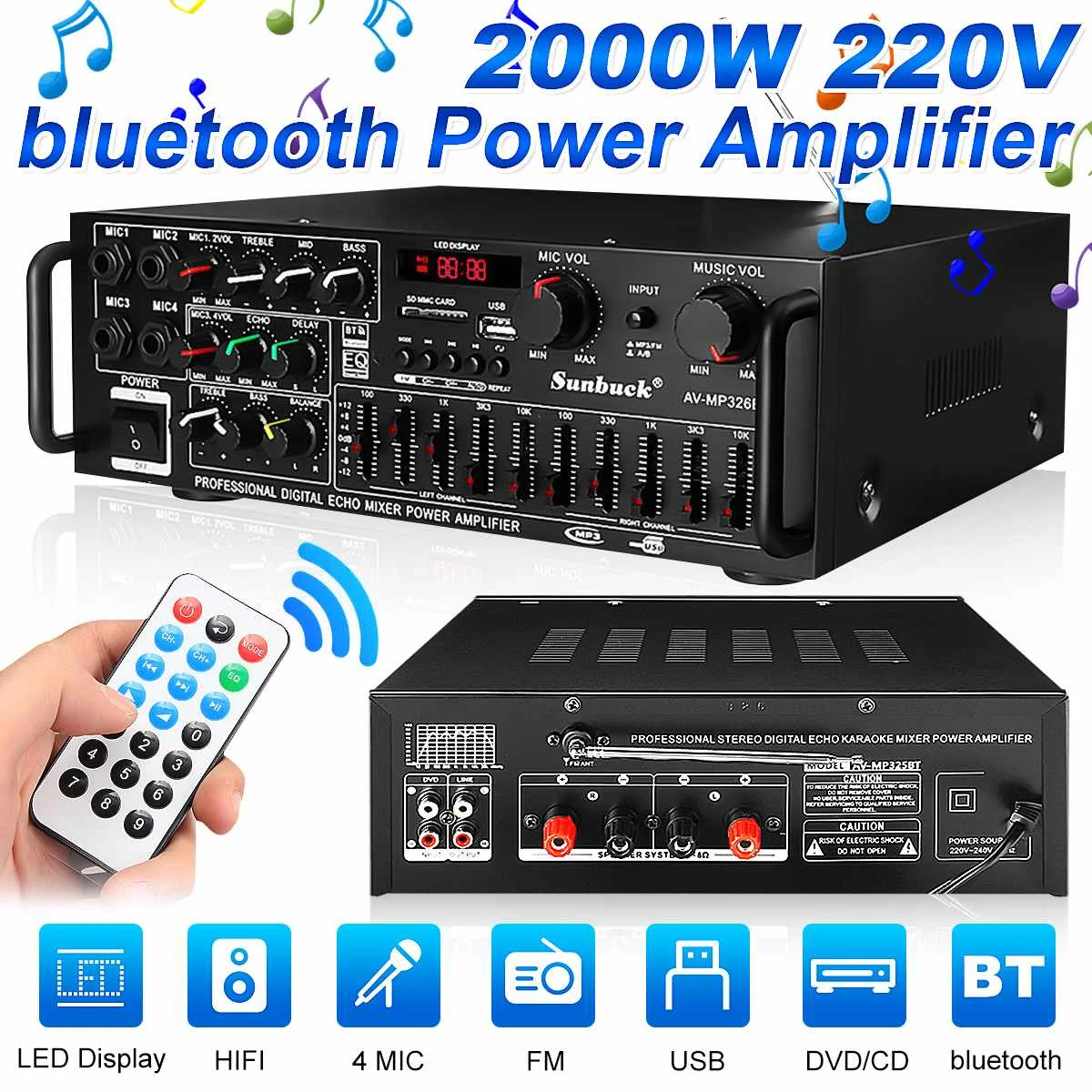 DC12V 326BT Car Home Amplifier 2 Channel Powerful Car Audio Subwoofer Aluminum Alloy Vehicle Power Stereo Amp Sound Amplifiers