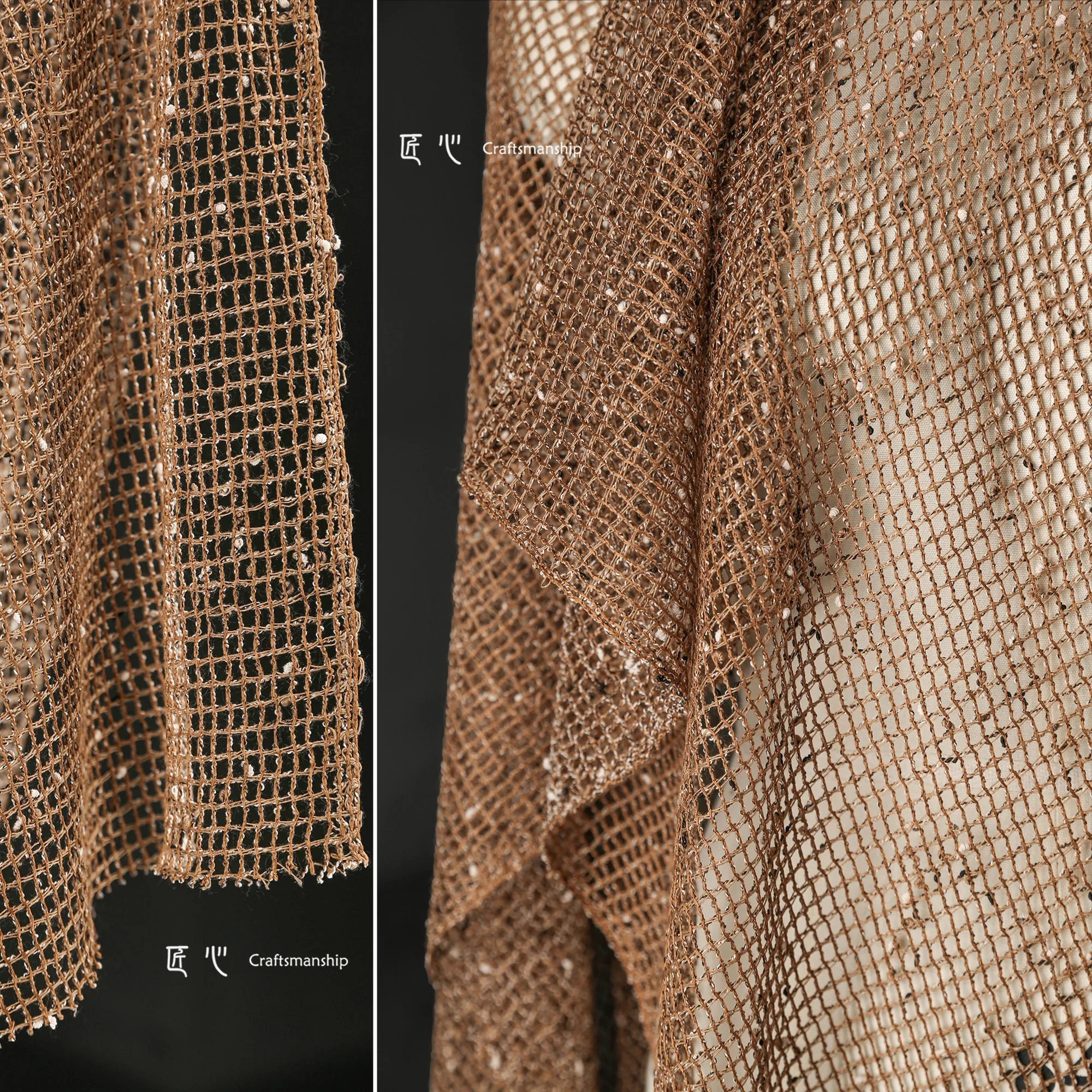 Brown Caramel Texture Particle Mesh Fabric Reconstructs Fish Mesh Perspective Yarn Dress Clothing Designer Fabric YLM