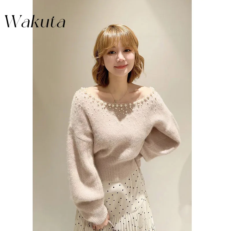 WAKUTA Japanese Sweet Round Neck Strapless Bat Sleeve Knit Sweater Fashion Solid Color Imitation Pearl Decoration Waist Pullover