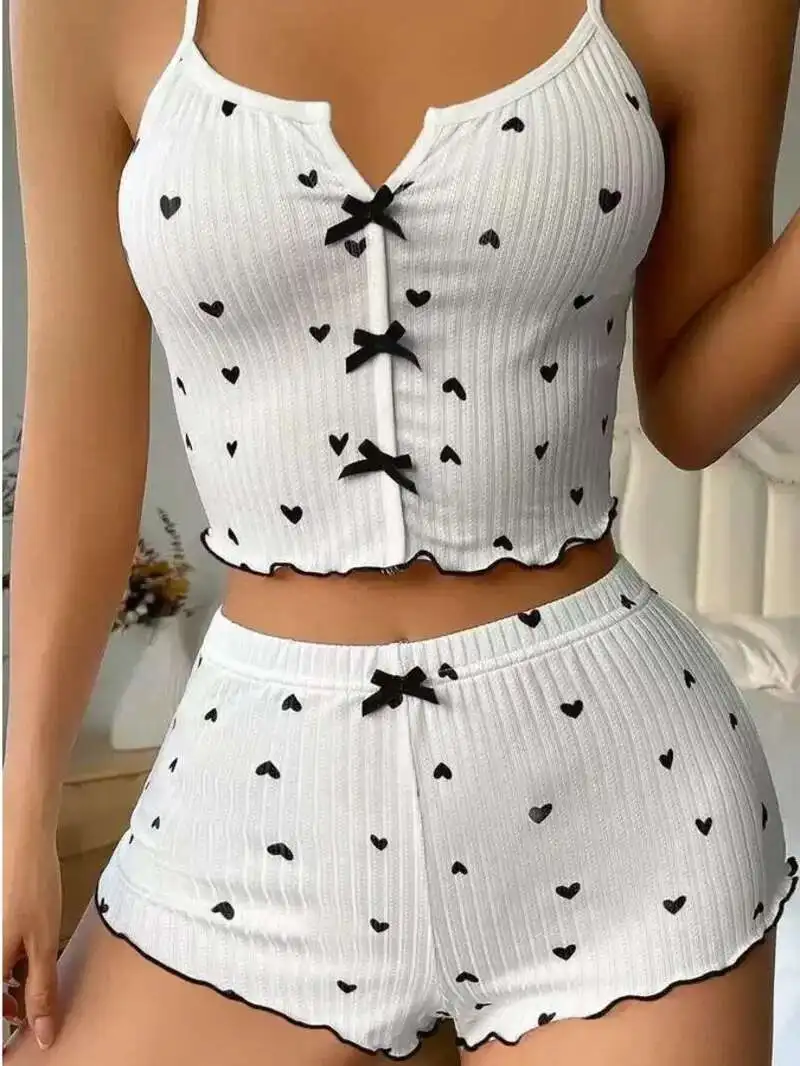 

Шелковый принт в форме сердца с v-образным вырезом без рукавов, повседневный топ на бретельках и шорты, комплекты сексуальной одежды для сна, женские пижамы, комплекты домашних платьев Sweet CMQK