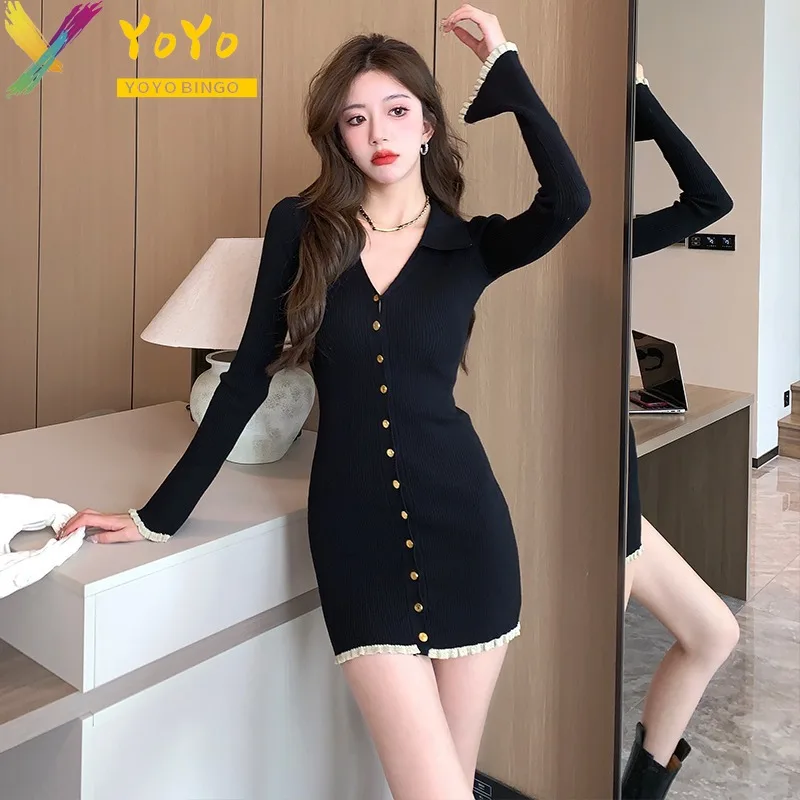 2024 Autumn/Winter Formal Fashion Black Knitted Flared Sleeve V-neck Dress Elegant Elastic Soft Slim Fit Party Sweater Dress