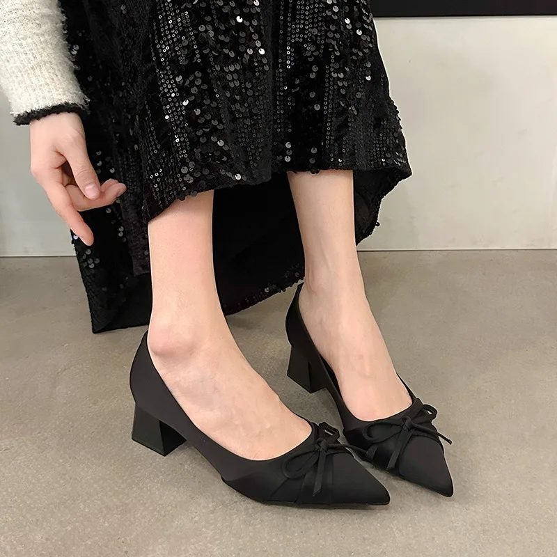 2026New Temperament Satin Pointed Pumps Sweet Bow Thick Middle Shoes for Solid Shallow Mouth Elegant Woman High Heels Shoes