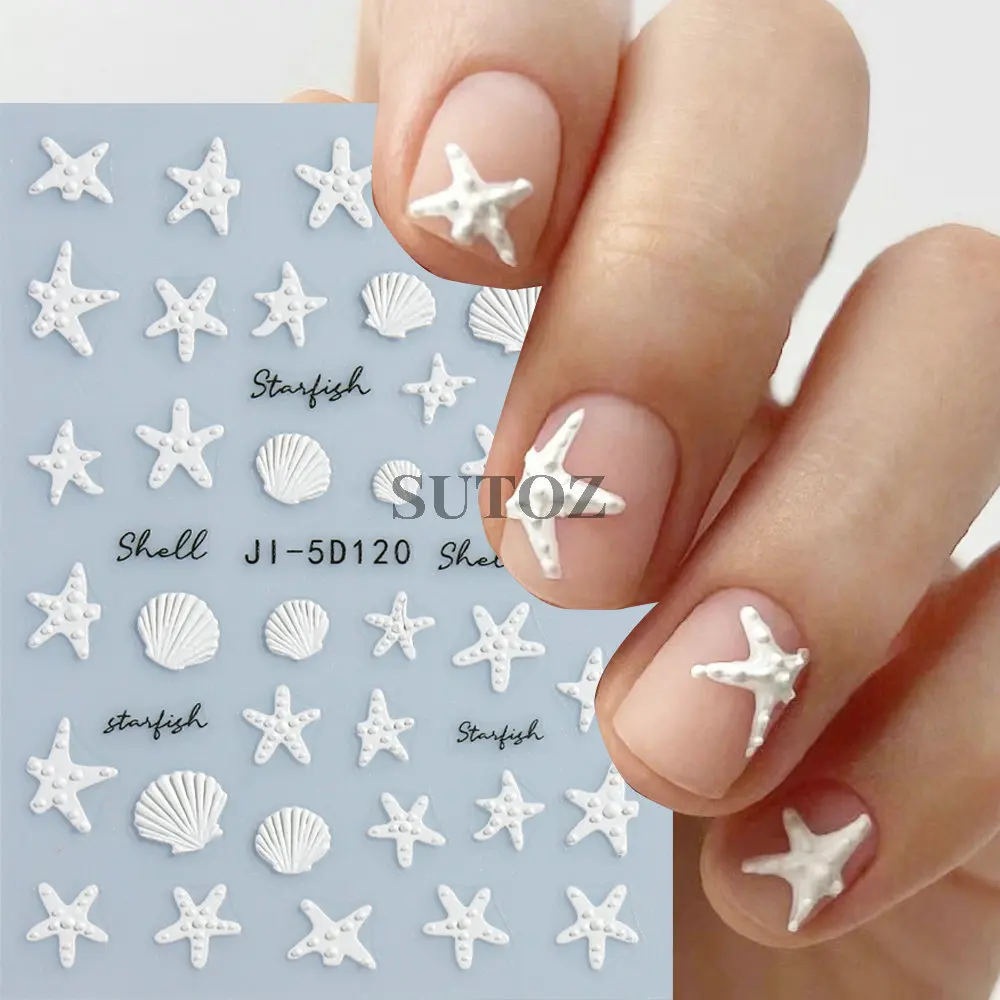 5D letnie oceaniczne naklejki na paznokcie muszle rozgwiazda litery naklejki motyl ulga suwaki Charms DIY Manicure dekoracje LEBJI-5D119