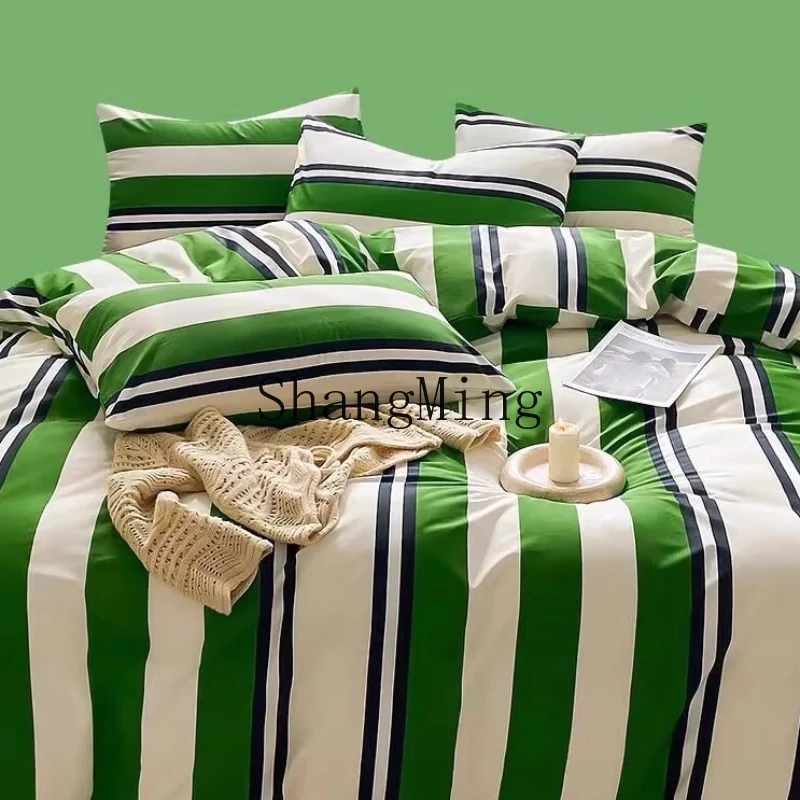 

FG Home Textiles Pure Cotton Four-piece Cotton Simple Wind Student Dormitory Sheet Sheet Green Striped Quilt