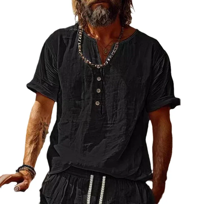 

Винтажная хлопковая рубашка на пуговицах с v-образным вырезом, мужские топы с коротким рукавом, свободные однотонные повседневные рубашки, 2025 летняя мужская одежда, модная