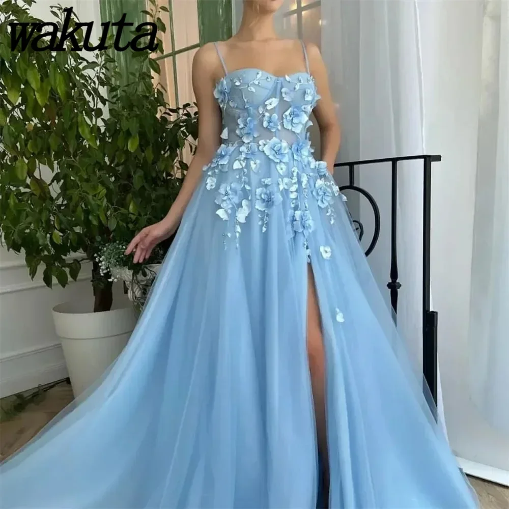 

Wakuta 3D Flowers Prom Dresses Sweetheart Neck Spaghetti Straps Tulle Evening Dress Women for Wedding Party robe de soirée