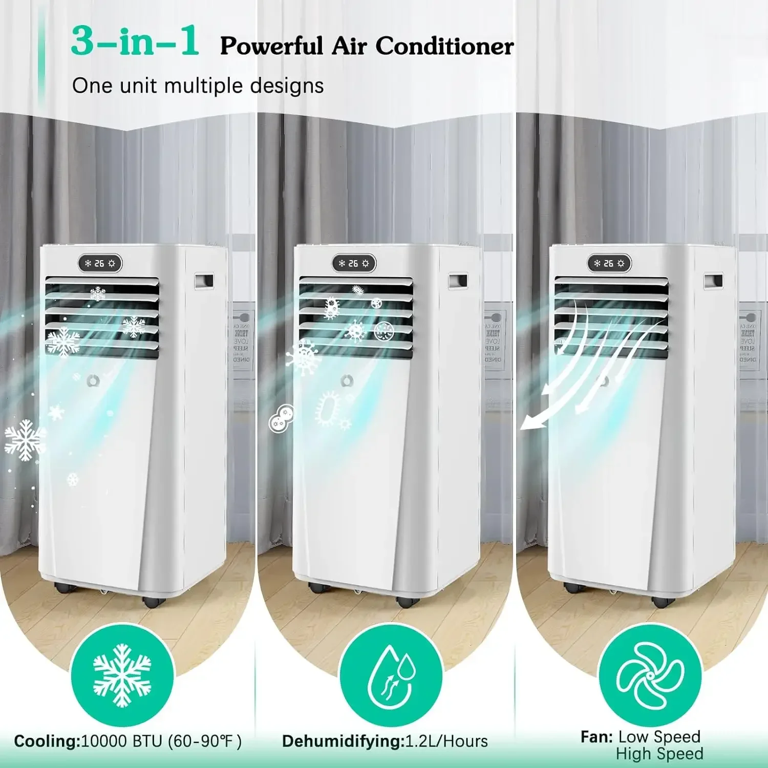 10,000 BTU Portable Air Conditioners/portable air conditioners for 1 room to 400 sq.ft/ 3 in 1 AC Portable Unit with