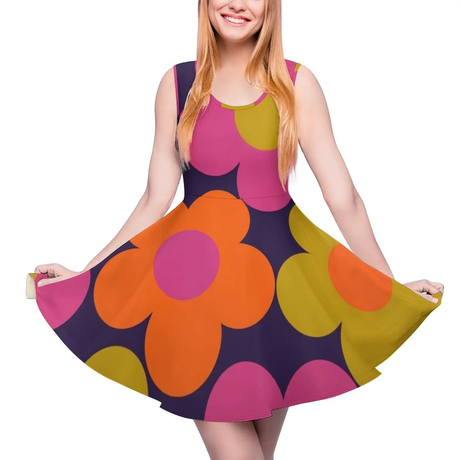 

60s Style Neon Flowers Sleeveless Dress women"s clothing korea stylish summer clothes ladies dresses for special occasions