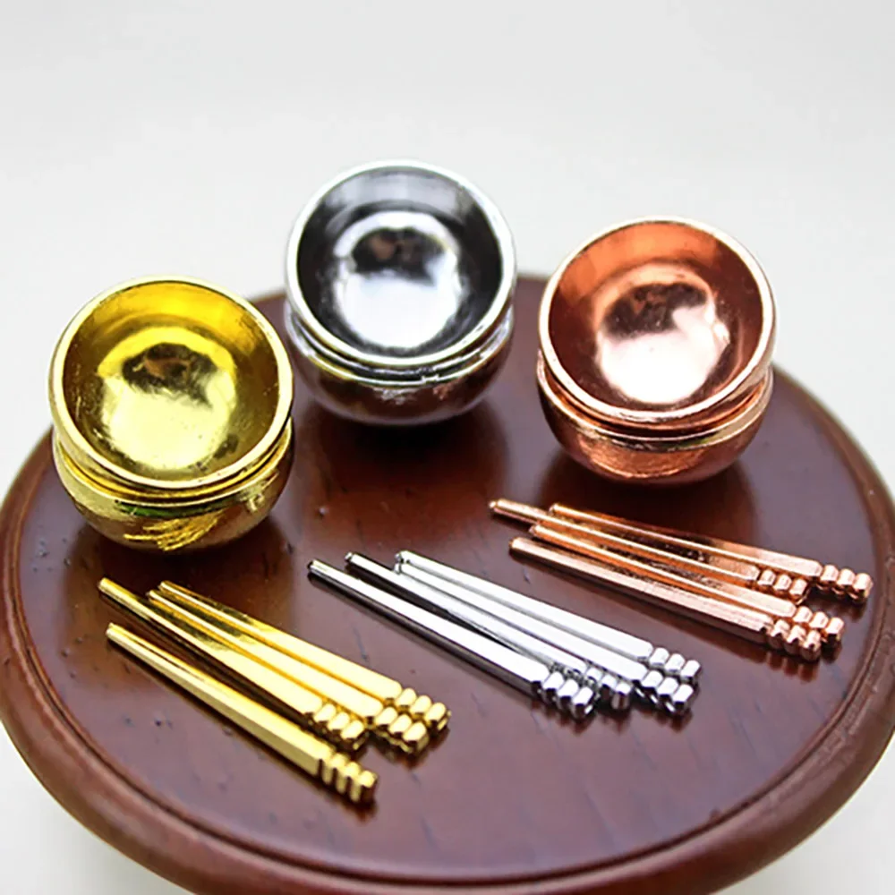 1/12 Dollhouse Miniature Accessories Mini Metal Bowl Chopsticks Set Kitchen Tableware Model Doll House Decoration