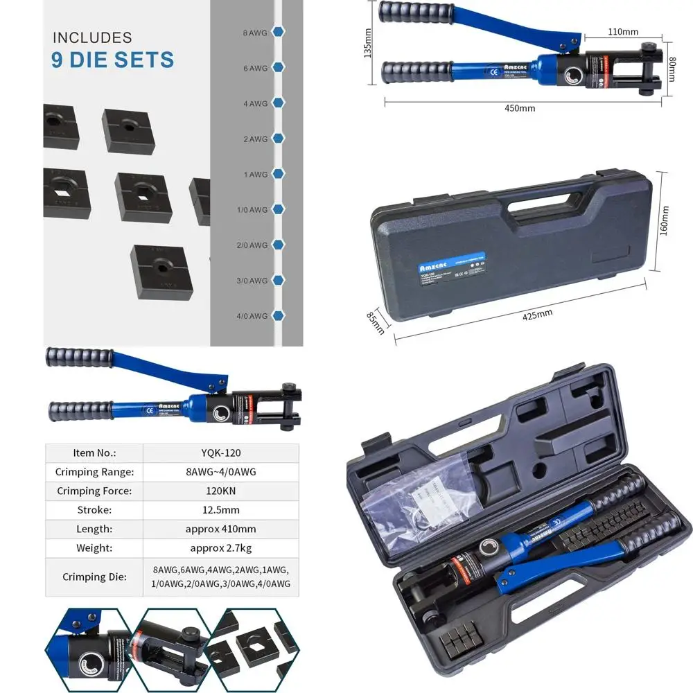 

Гидравлический пресс-клещи на 12 тонн с 9 насадками, диапазон обжима от 8AWG до 4/0 AWG, закаленные и оксидированные для повышенной прочности