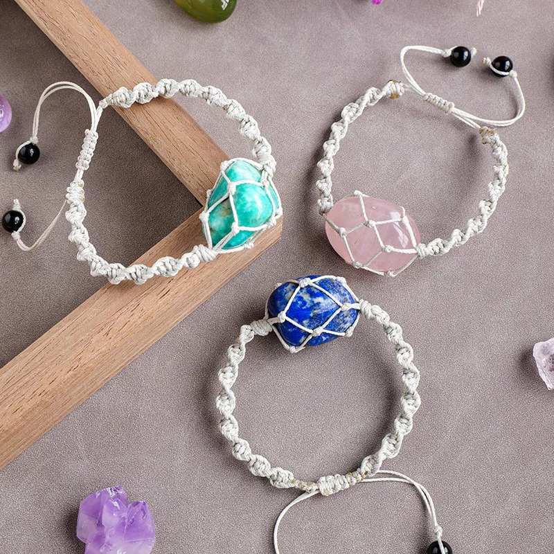 Rope Braided Natural Crystal Bracelet Healing Tumbled Gemstone Obsidian Amazonite Rose Quartz Bracelets for Women Friendship