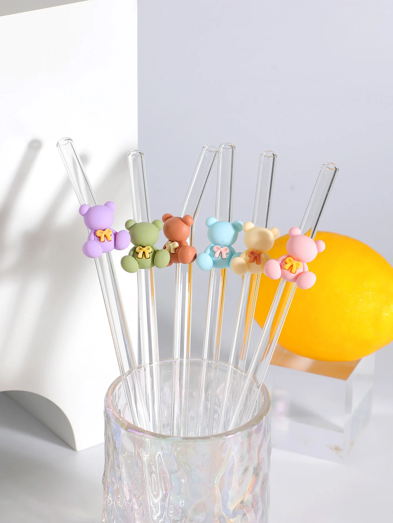 Pajita de cristal de oso colorida con lazo, pajita doblada reutilizable para té, bebidas y cócteles, regalo para tienda de postres, Picnic, fiesta, 1/2/6 Uds.