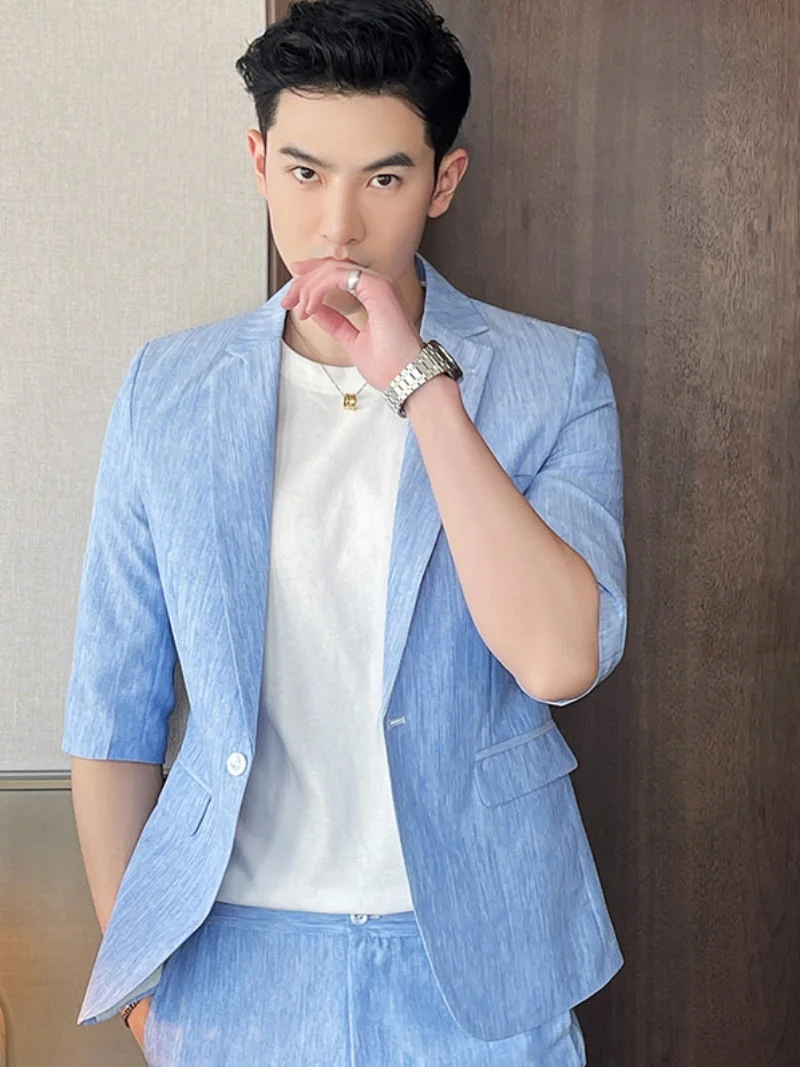 

Slim Fit Summer Men's Suit Set Thin Seven Sve Middle Length Casual Cheered West Coat Youthful Faionable Korean Sle