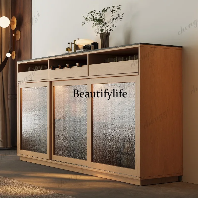 Log wind, all solid wood wine cabinet, living room against the wall for storage, simple glass door display cabinet for home use