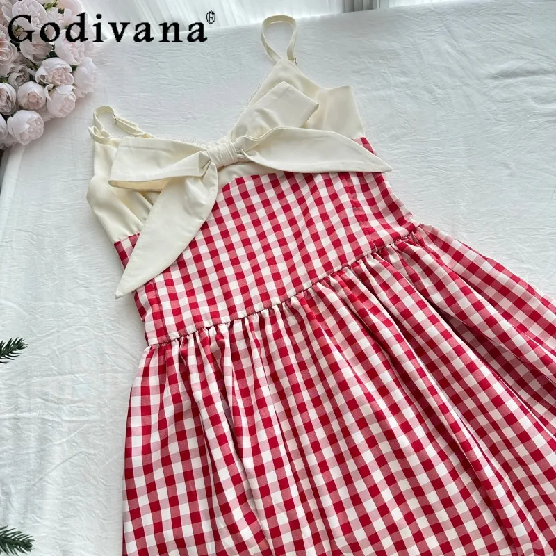 Summer Beach Style Women Plaid Long Dress Elegant Lace Patchwork Korean Dress Female Lolita Design Sexy Bow Collar Dress