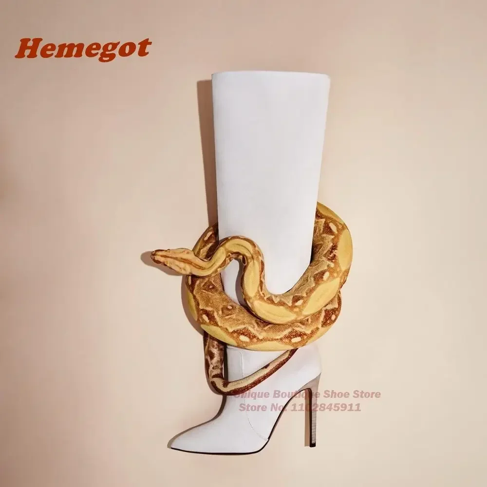 

Pink Glossy Thin Heels Boots Pointed Toe Stiletto Slip On Knee High Boots for Women 2025 Winter Warm Solid Leather Casual Shoes