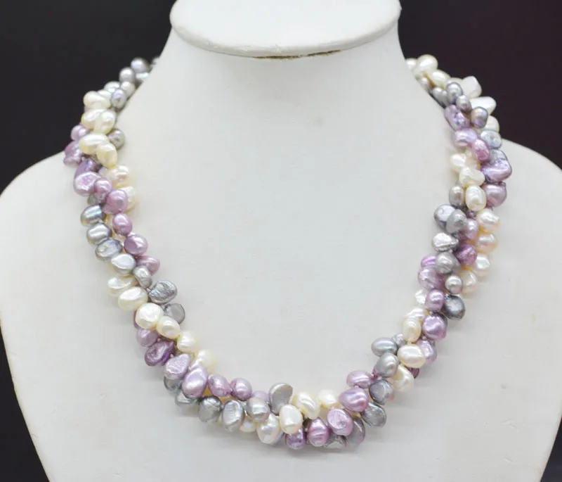 Newest design  . 8MM 3-strand natural baroque pearl necklace, exquisite and beautiful PUNK necklace for ladies 50CM