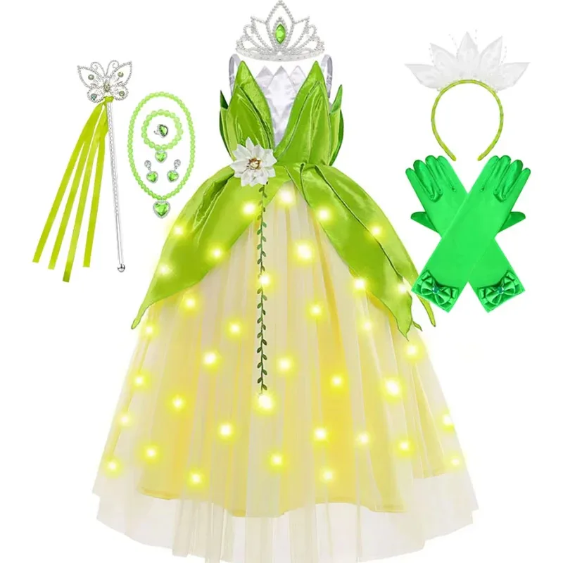 

Tiana Dress Up Princess Dresses Evening Party Green Ball Gown Kids LED Light Fancy Fairy Birthday Carnival Fluffy Costume