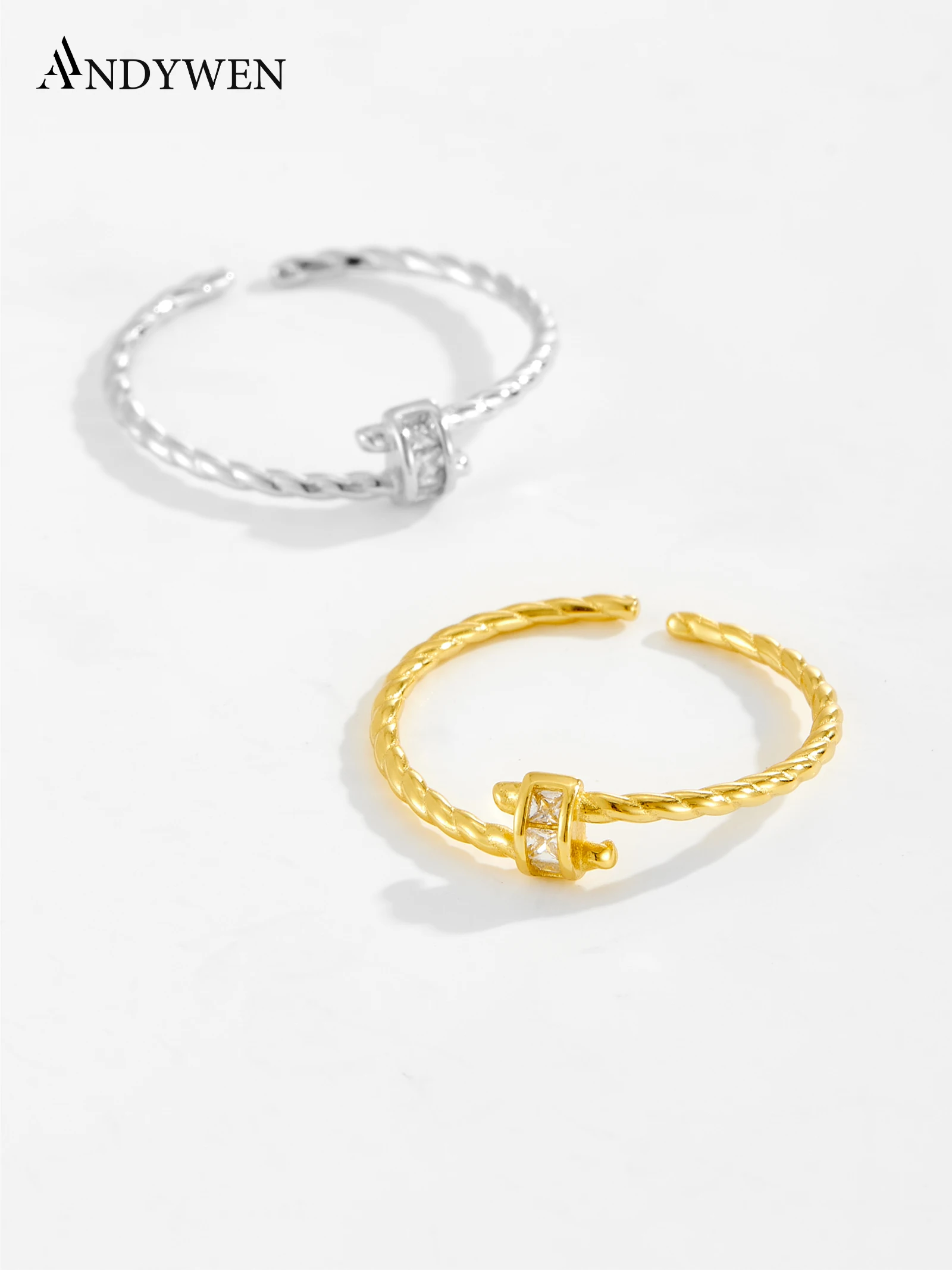 ANDYWEN 925 Silver Twisted Open Ring, Square CZ Accents,Minimalist Jewelry for Women,Gift Box Included,Office Chic Everyday Wear