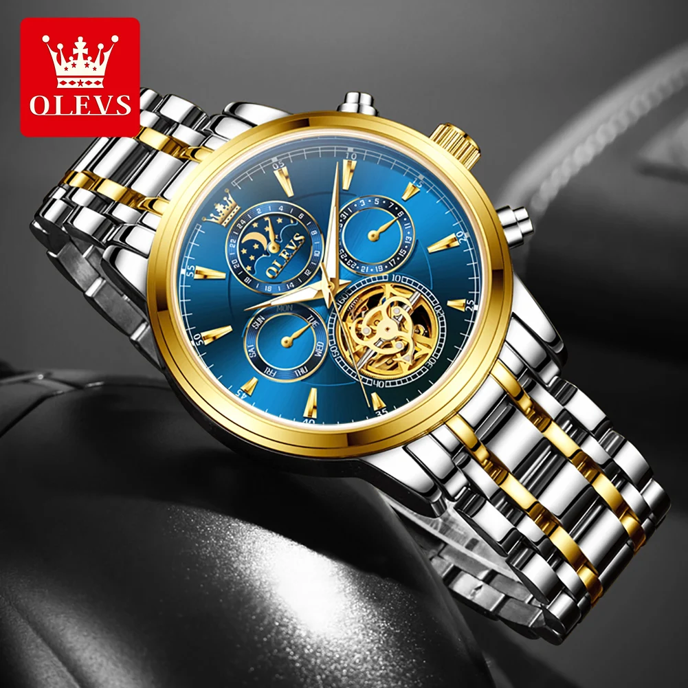 OLEVS 6746 Mens Watch LuxuryFlywheel Skeleton Automatic Mechanical Watch Date Moon Phase Mens Gifts High Quality Reloj