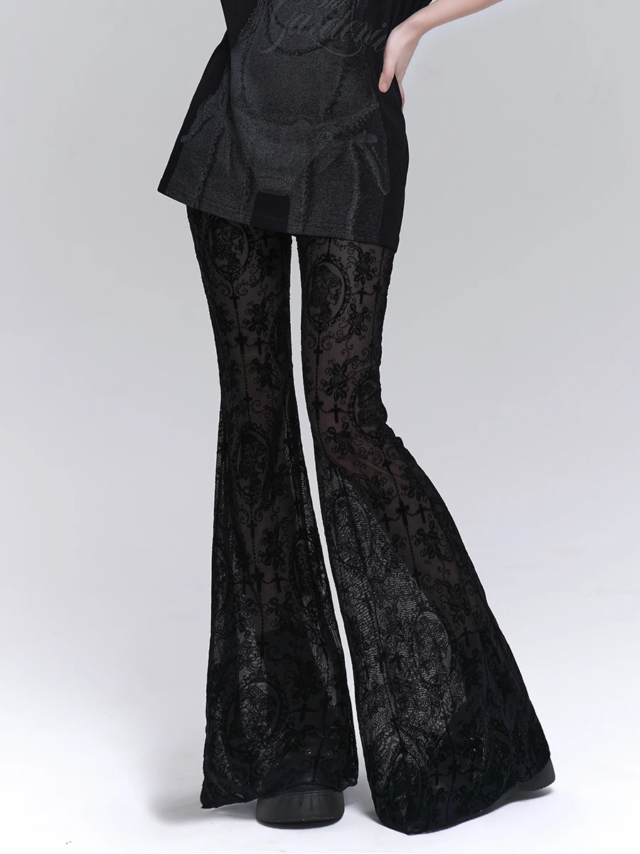 Gothic Black Lace Micro-horn Trousers High Waist and Thin Subculture Sweet and Spicy Style Music Festival See-through Pants