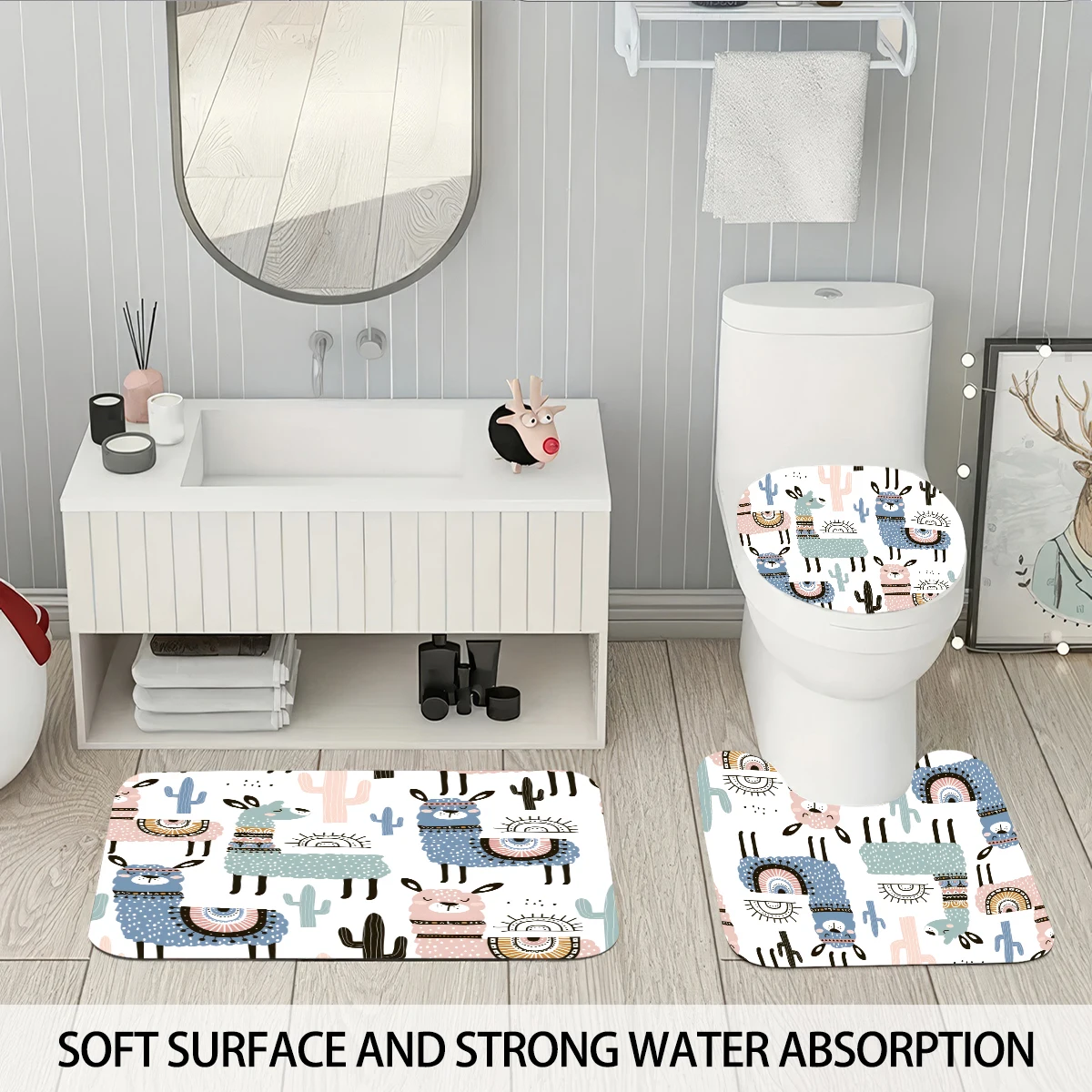 

4pcs Cartoon Color Alpaca Print Bathroom Set 180x180 Waterproof Shower Curtain 12 Hooked Toilet Pads U-shaped Pads Floor Pads