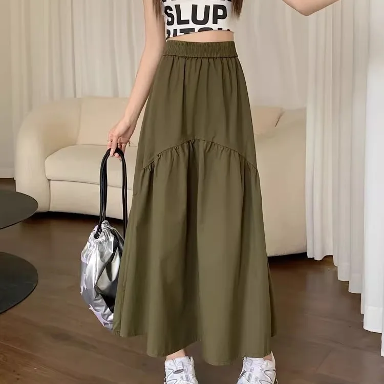 Small Stature Simple and Slim Body New Summer Korean Version with Fashionable Design Pleated Splicing Elastic Waist Long Skirt