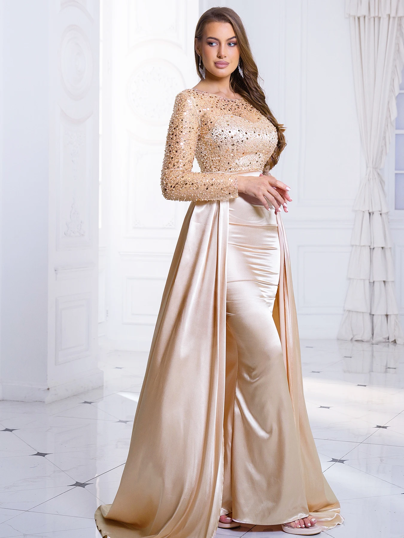 Long Sleeve Sequin Floor Length Party Dress Padded O Neck Long Evening Night Gown with Detachable Satin Skirt Green Gold