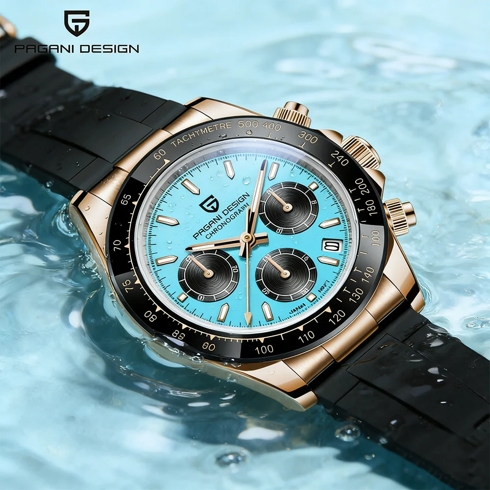 New V2 PAGANI DESIGN 40MM Sky blue dial Quartz Watches Sapphire Retro Chronograph Stainless Steel Waterproof Watch for Men Relogio Masculin
