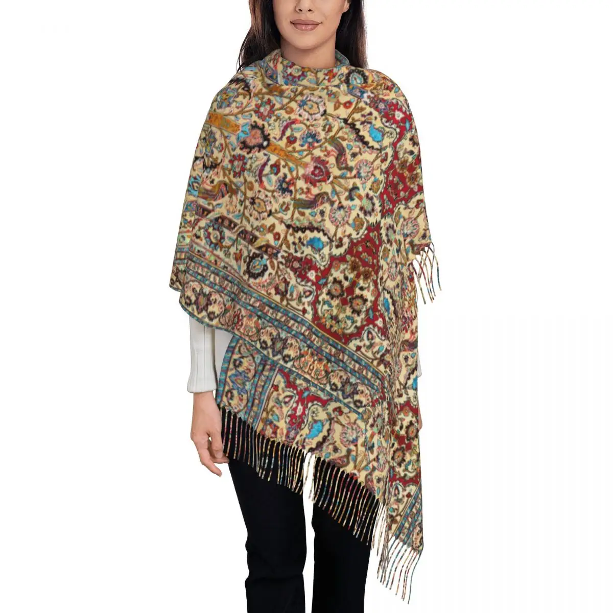 Antique Silk Persian Carpet Scarf Wrap for Women Long Winter Warm Tassel Shawl Unisex Bohemian Turkish Ethnic Kilim Scarves