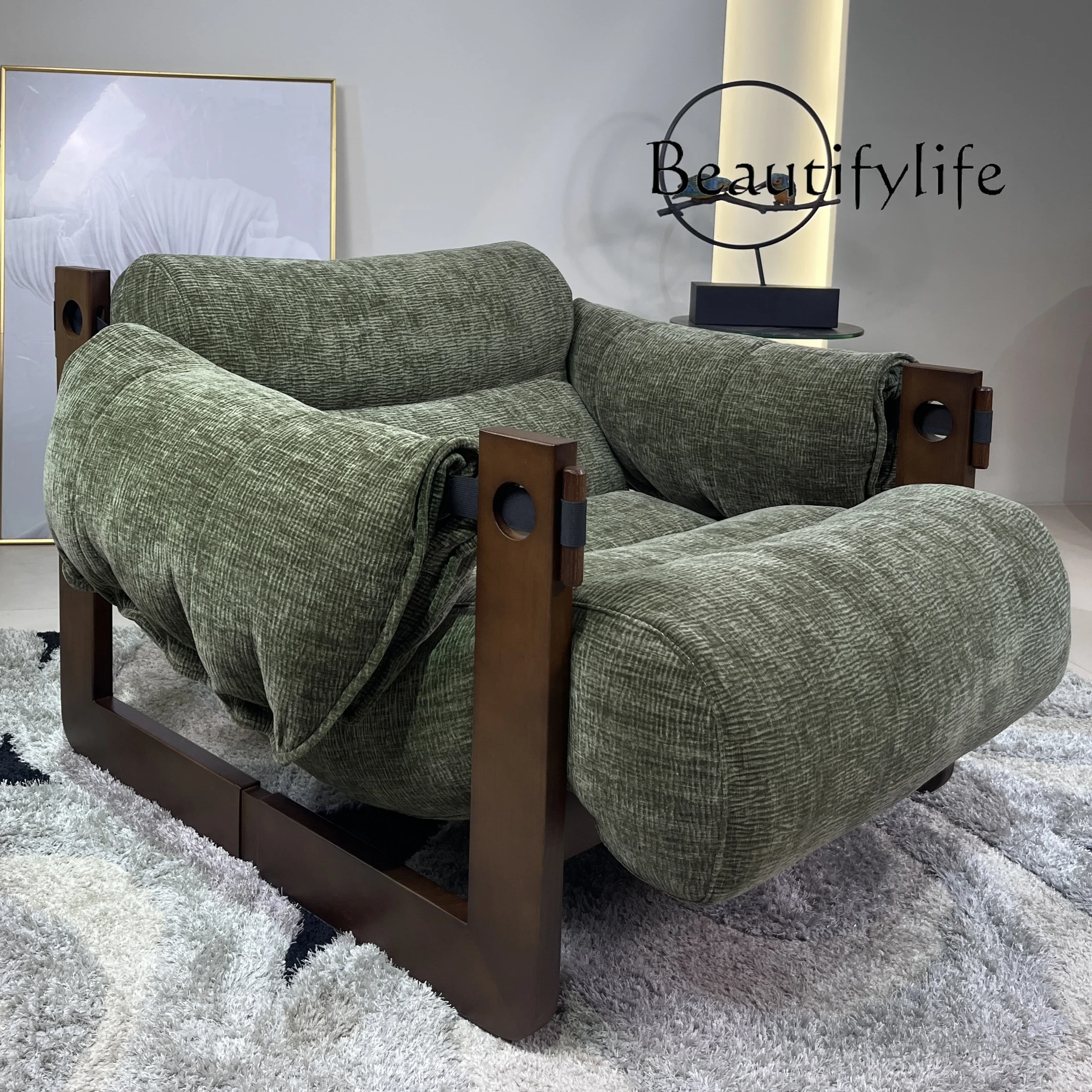 

QY Medieval fabric art living room modern designer single sofa casual solid wood lazy person can sleep or lie down