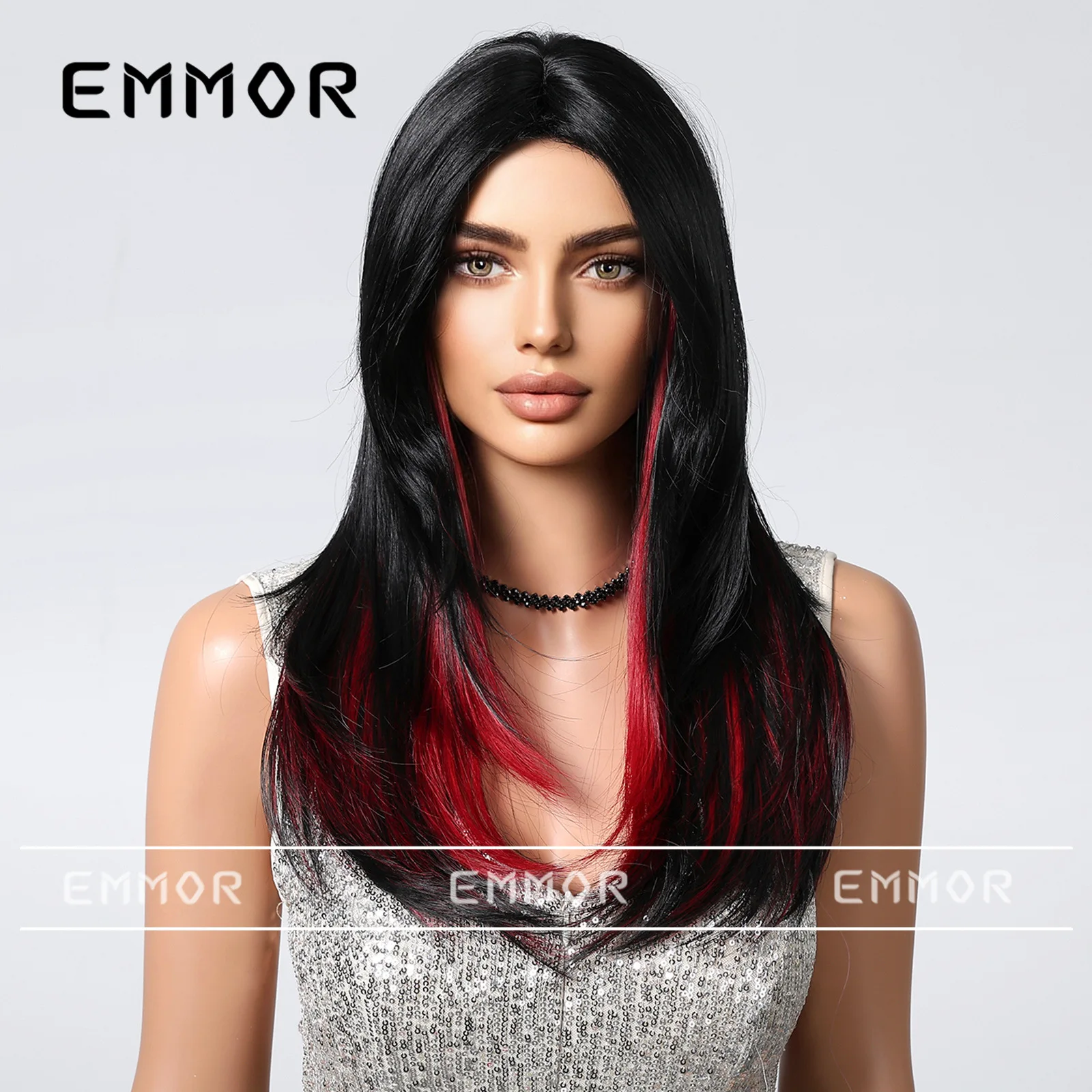 Natural Black Long Slightly Curly Full Wig Middle Part No Bangs High Layers Hidden Dye Hair Wigs