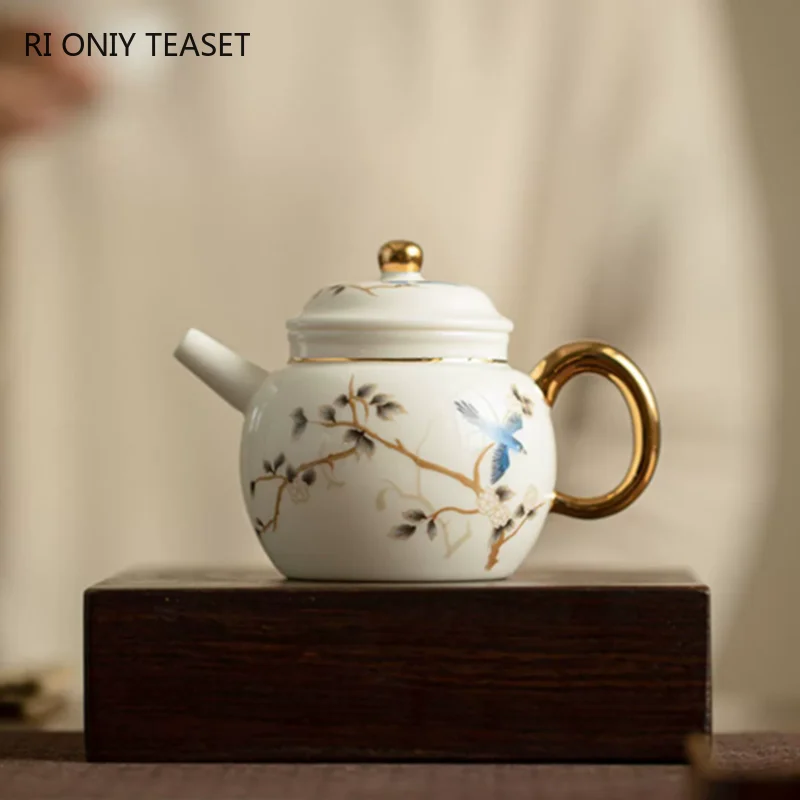 

160ml Chinese Suede Jade White Porcelain Teapot Hand-painted Flower and Bird Tea Pot Handmade Kettle Beauty Tea Infuser Teaware