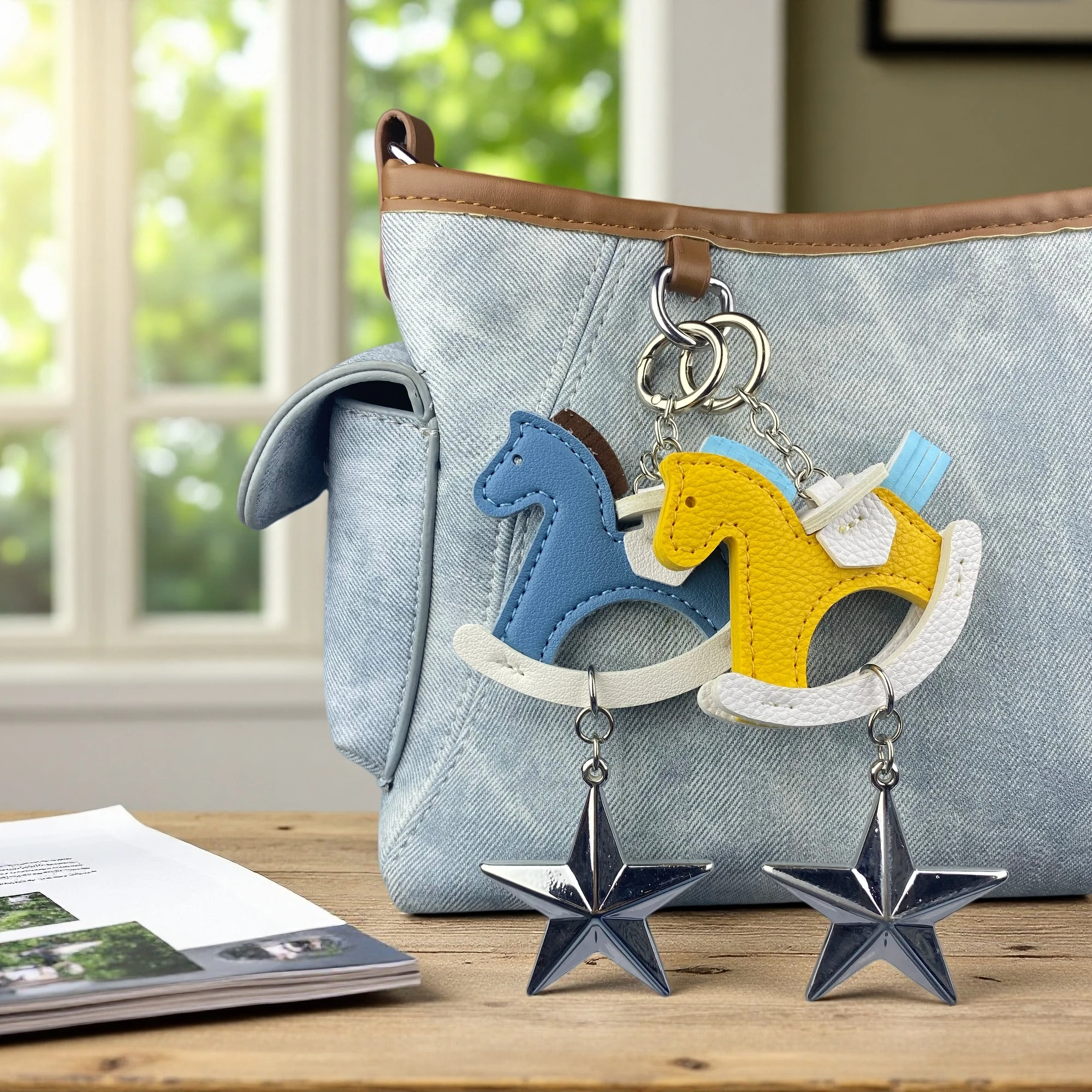 Cute Leather Horse Keychain Charm, Color-Block Rocking Horse Bag Pendant with Silver Star, Quirky Horse Accessory Keyring Gift