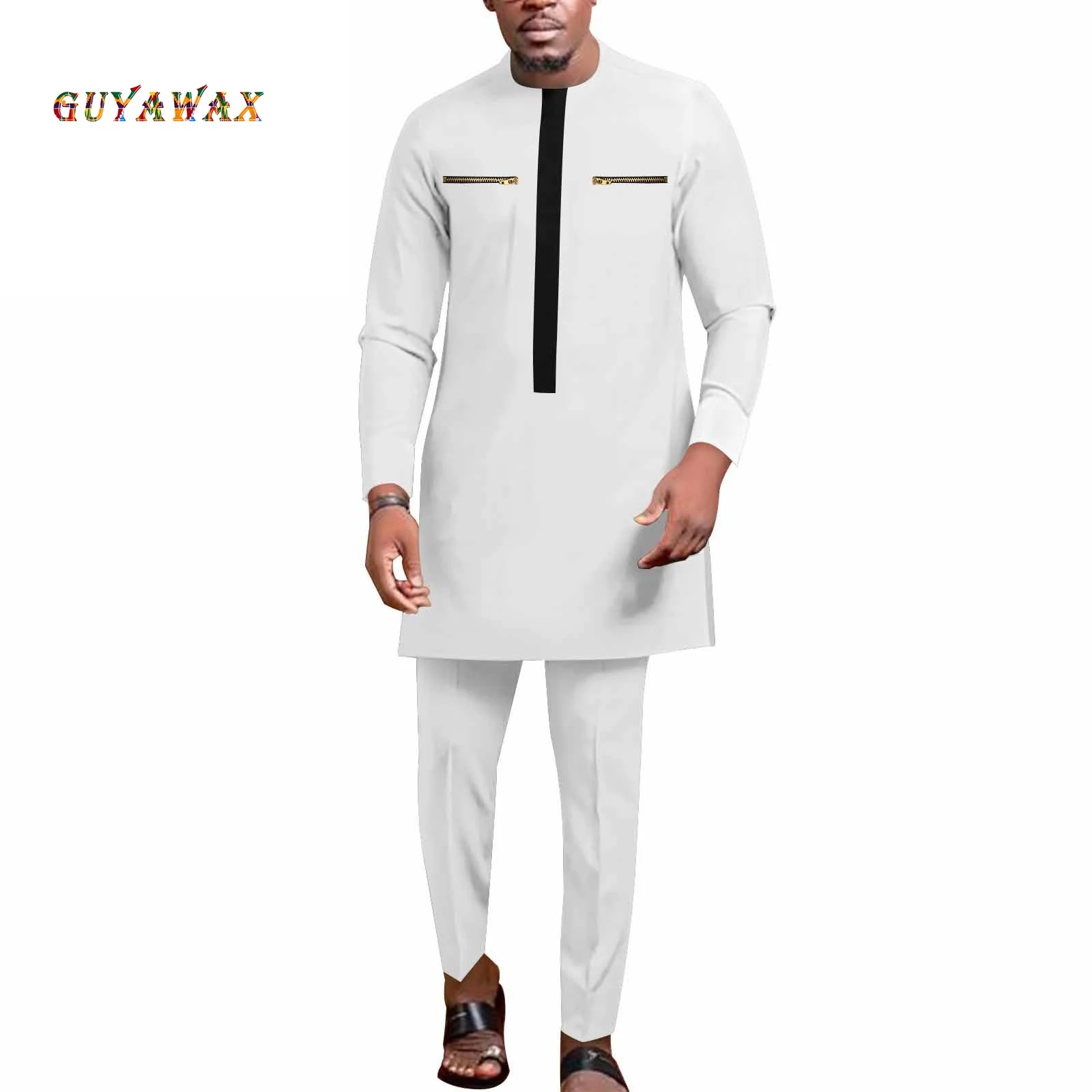 

Bazin Riche African Men Traditional Clothing Set Full Sleeve Zip Shirts and Pants Set African Suits Formal Outfits Plus Size