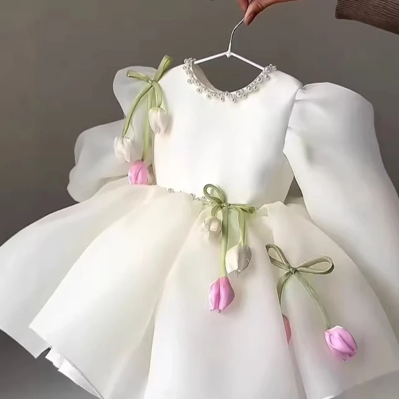 2026 New Children Girls Girl Kids Floral Tulle Tutu Elegant Pageant Summer Costume Formal Dress Puff Sleeve Princess Gown Flower